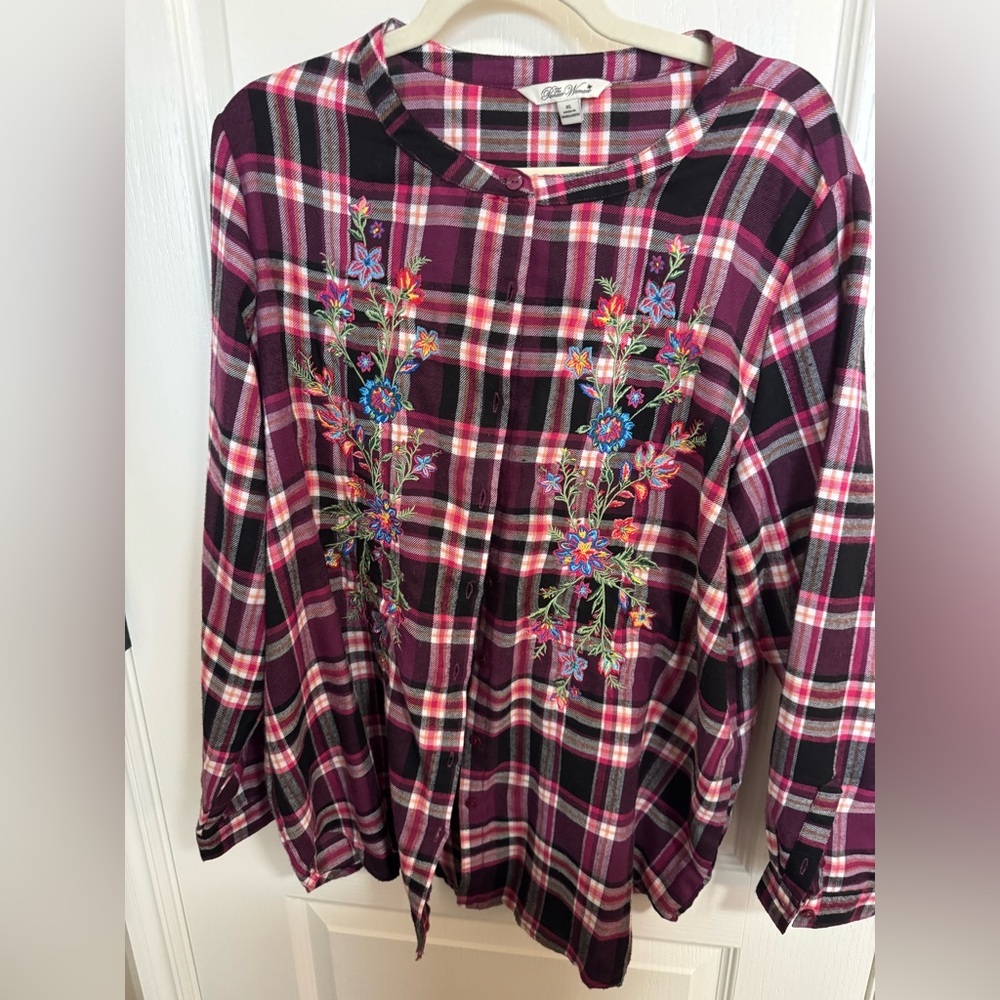 Pioneer Woman Pink Plaid Embroidered Top – Cottagecore Boho Blouse